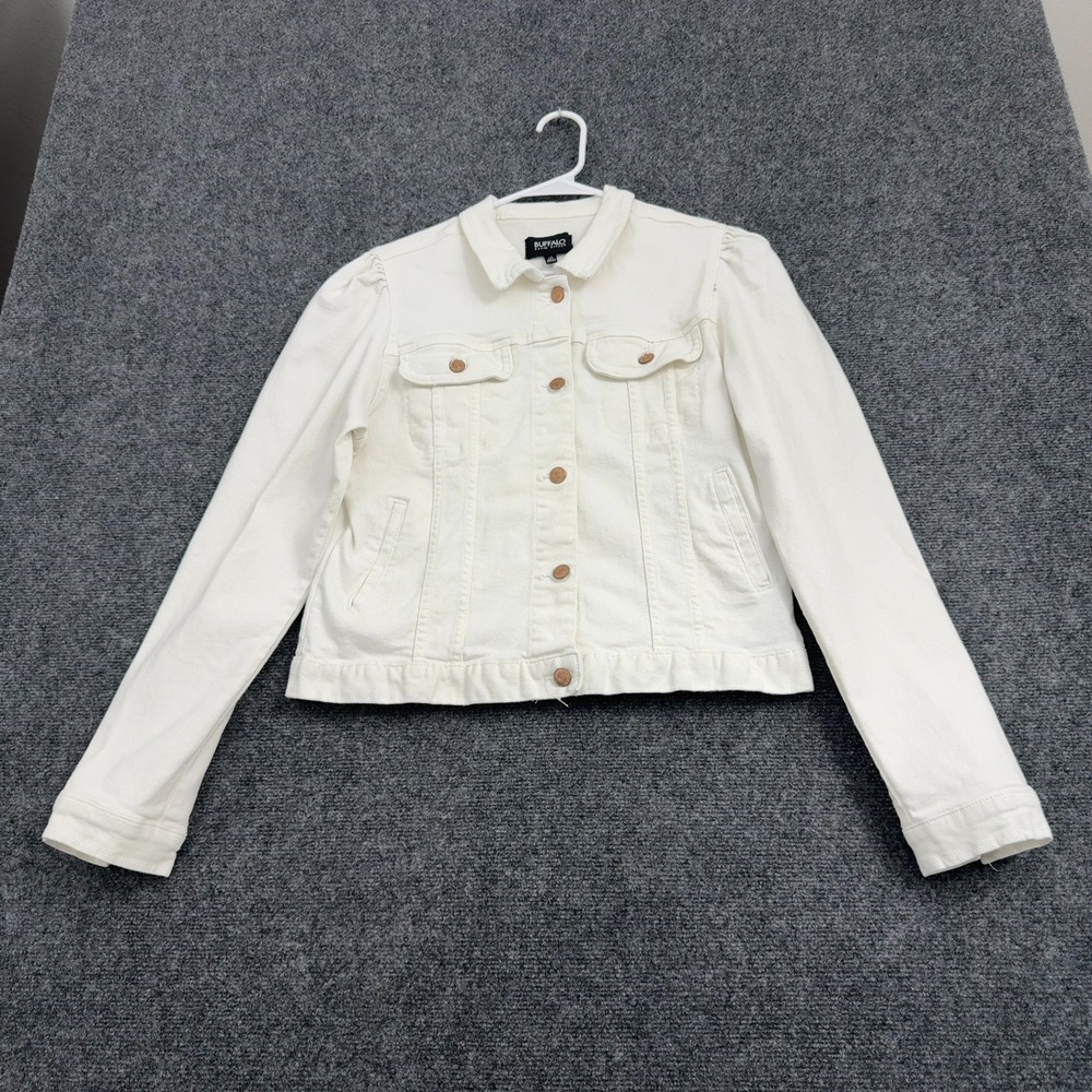 Buffalo David Bitton Denim Jacket Womens L White Puff Sleeve Ruffle Hem Trucker